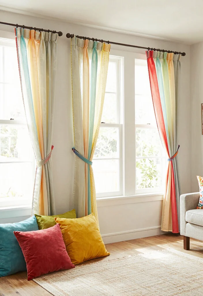 14 Three Window Curtain Ideas for Balanced and Stylish Symmetry 6. Colorful Eco Friendly Tie Backs 0