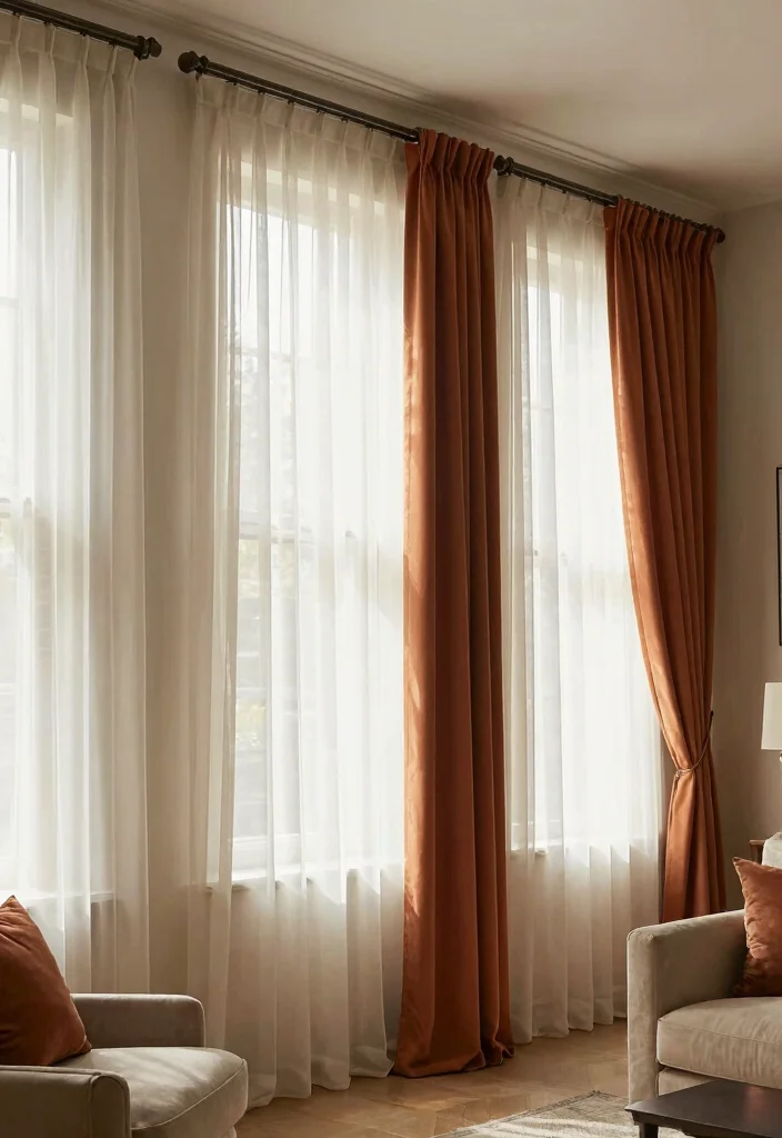 14 Three Window Curtain Ideas for Balanced and Stylish Symmetry 8. Layered Textiles 0