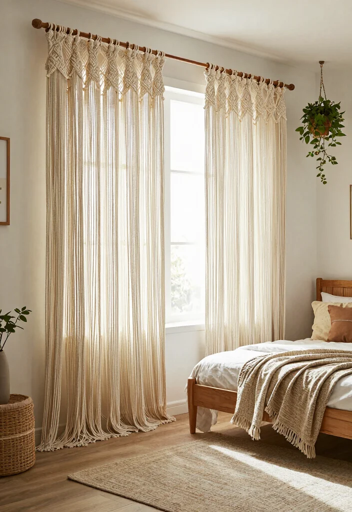 16 Bedroom Curtain Ideas for Cozy Sleep and Gentle Morning Light 11. Macrame Detailing for Bohemian Charm 0