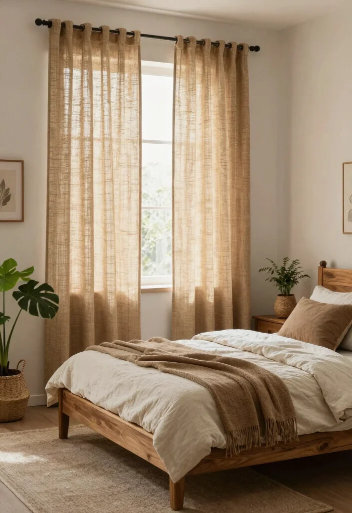 16 Bedroom Curtain Ideas for Cozy Sleep and Gentle Morning Light 14. Eco Friendly Jute Curtains for Natural Texture 0