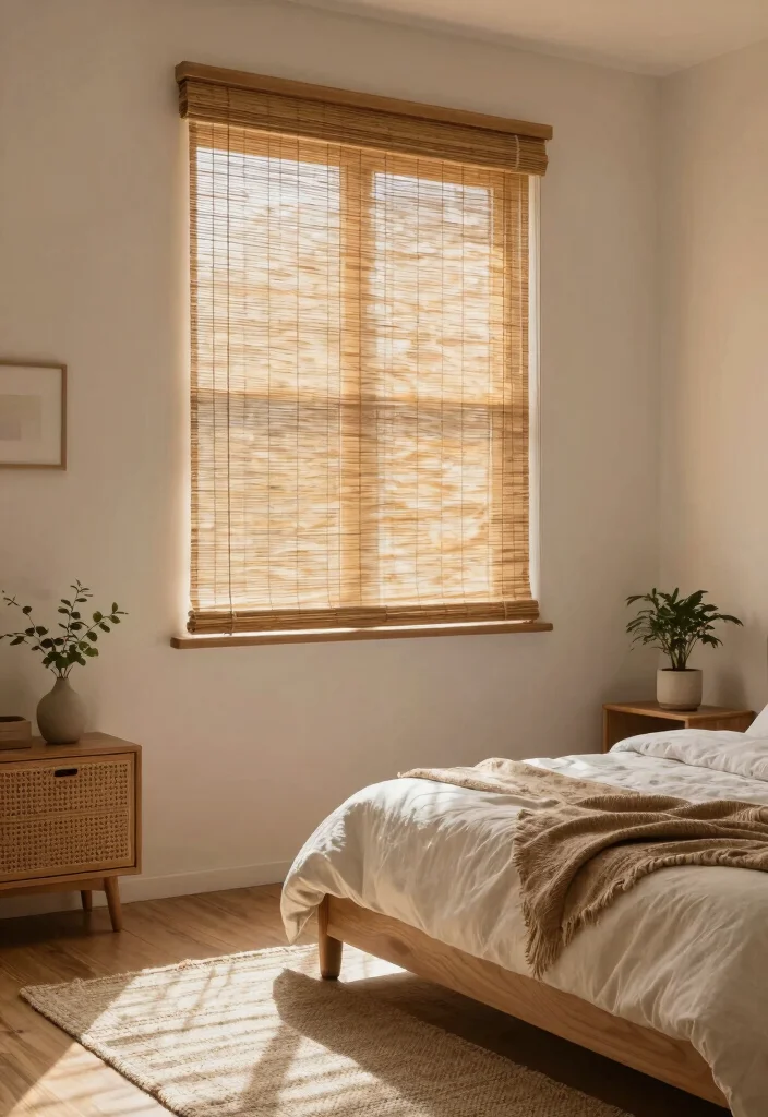 16 Bedroom Curtain Ideas for Cozy Sleep and Gentle Morning Light 2. Bamboo Shades for a Zen Vibe 0