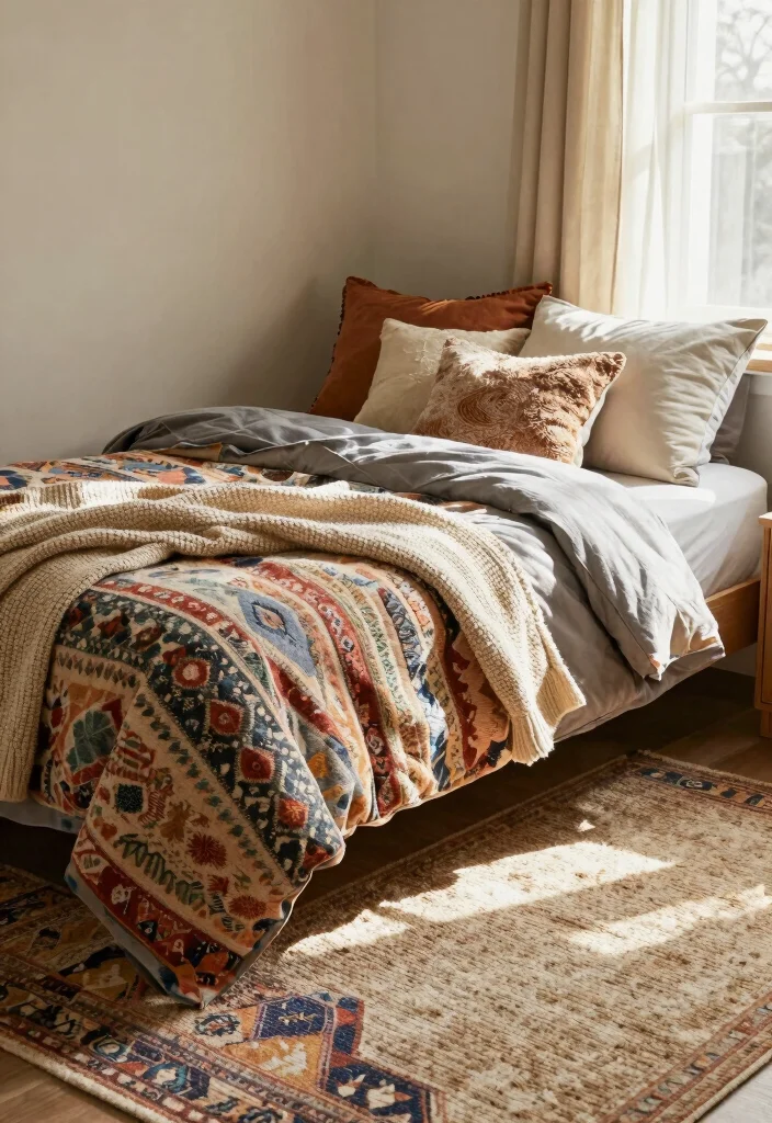 16 Dorm Room Ideas for Girls in College with Cozy Details 4. Layered Textiles 0