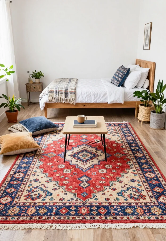 18 College Dorm Room Ideas Aesthetic with Cozy Vibes 9. Colorful Area Rugs to Define Spaces 0